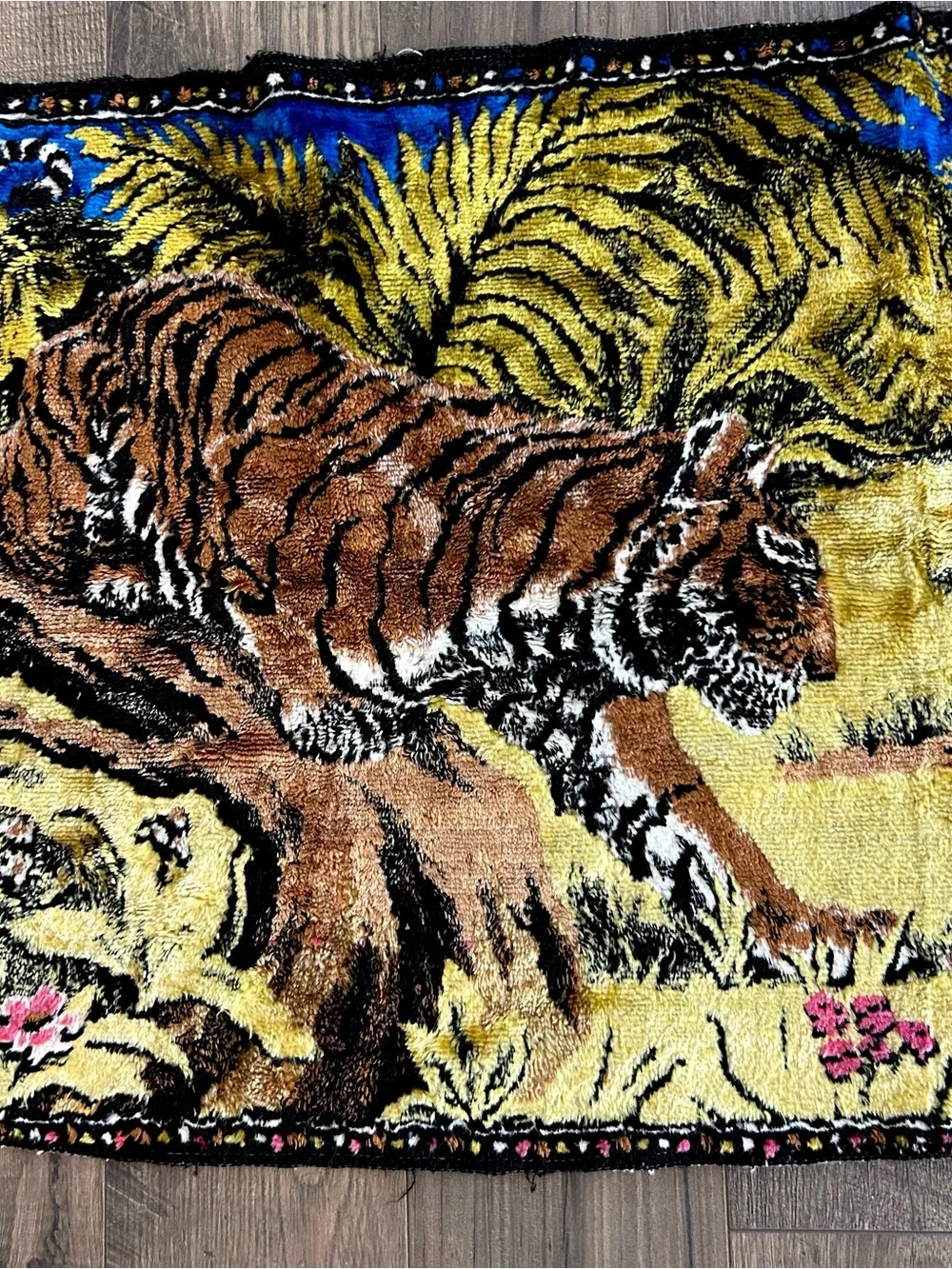 VTG Tiger Family Tapestry 1970s  Woven Velveteen Wall Hanging 36.5x19 Lebanon